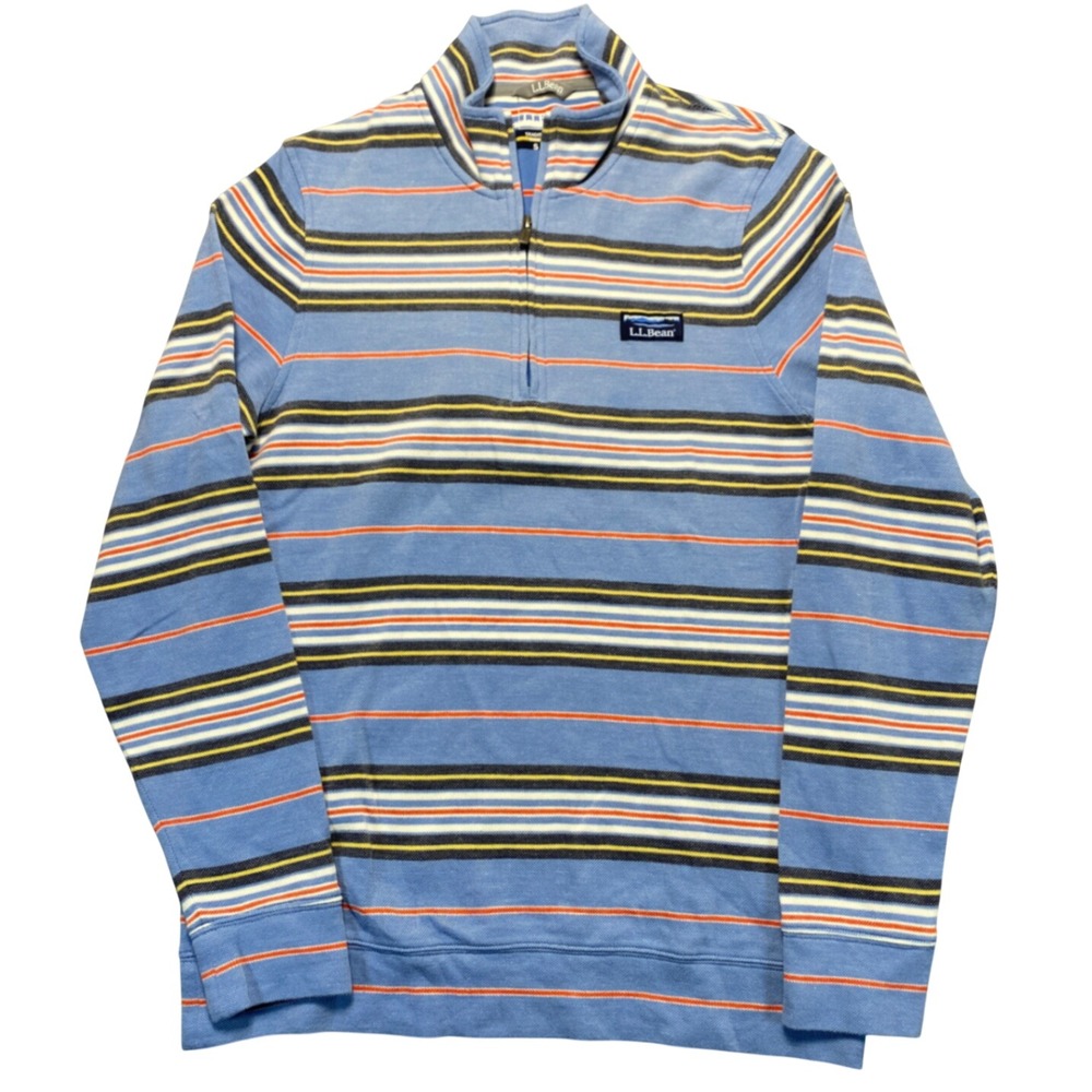 LL Bean Mens Quarter Zip Pullover Blue Striped Pique Knit Small